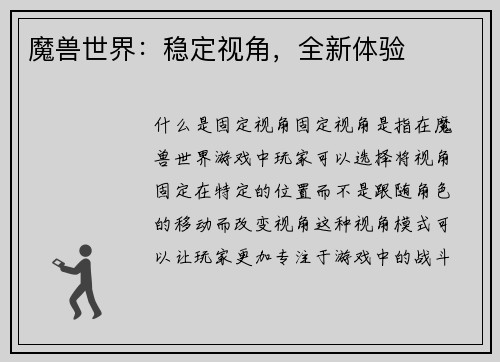 魔兽世界：稳定视角，全新体验